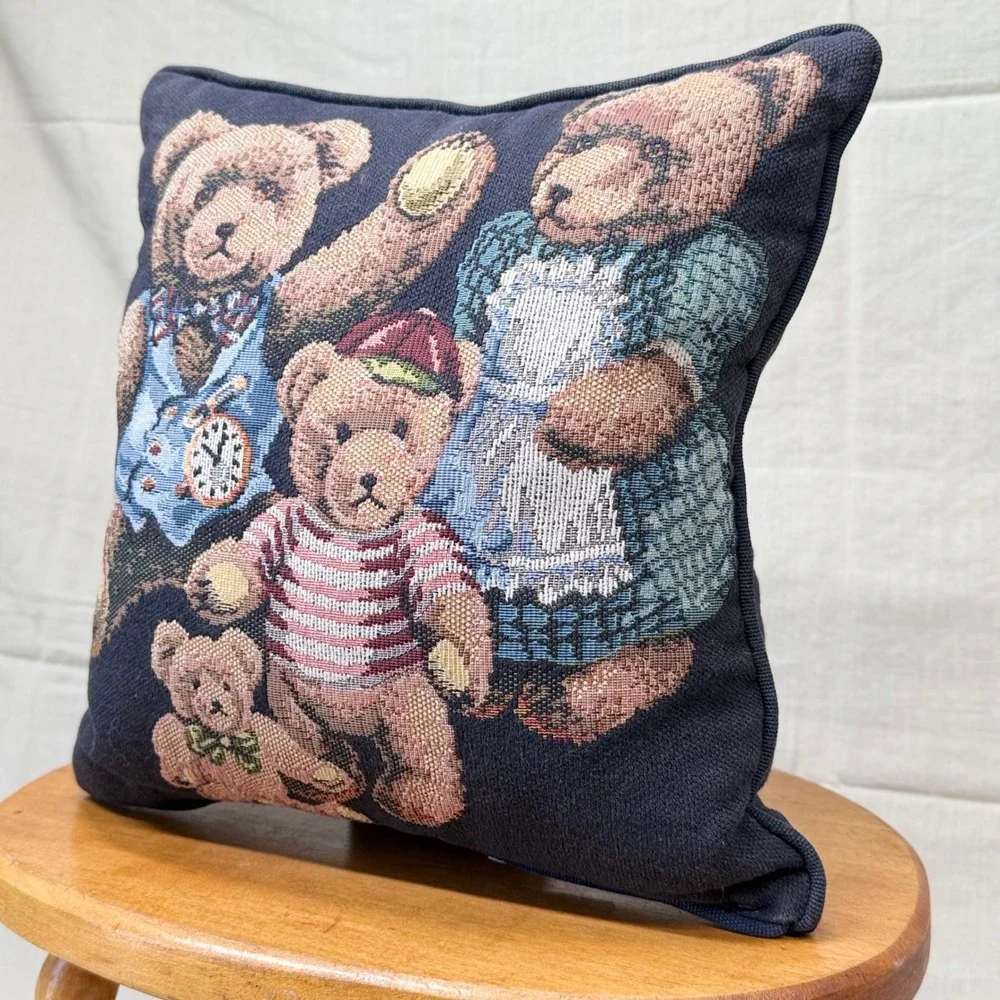 Vintage Teddy Bear Needlepoint Pillow Navy Kids Room Cushion Heritage Cottage